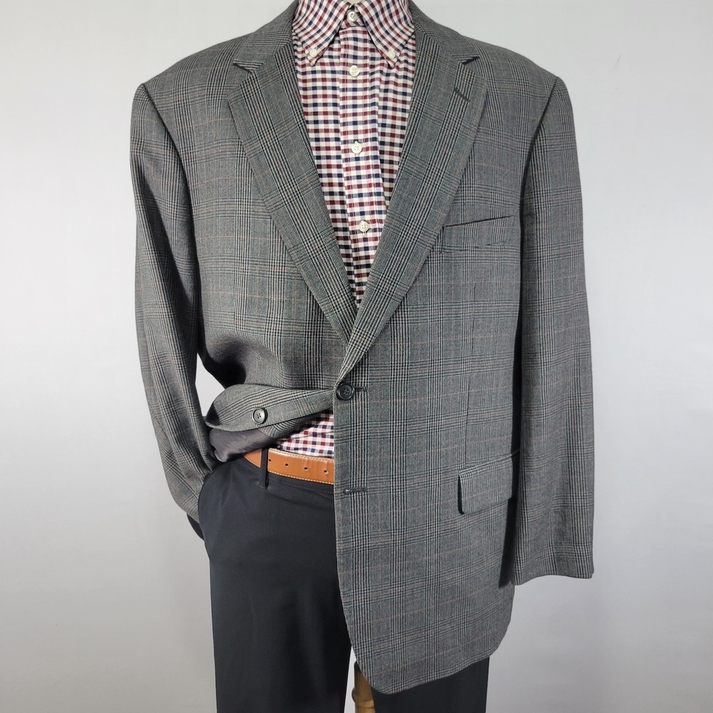 Alan Flusser Men's Sport Coat Blazer Two Button Gray‎ Houndstooth Plaid Wool 46R